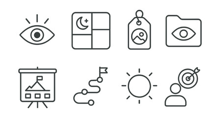Line style icons of visualization for success: vision icon, dream board badge, mental image tag, future vision file, manifesting board, success path chart, clarity bubble, achieving goals symbol.