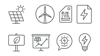 Line style icons of renewable energy: solar panel icon, wind turbine badge, hydroelectric tag, renewable power file, green energy board, solar energy chart, sustainable power bubble, clean