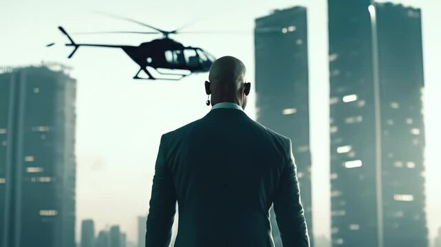 Powerful Bald Man in Suit, Bodyguard or CEO, Views City Skyline with Helicopter. Corporate Power, Executive Lifestyle, Surveillance, Action Thriller Animation