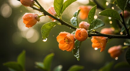 Dew kissed orange quince flowers and green leaves on a branch in the soft light