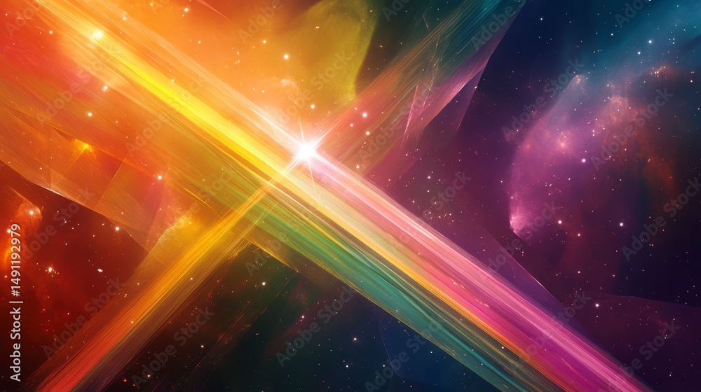 Poster abstract cosmic background with vibrant light streaks and nebulae.