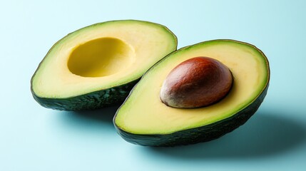A halved avocado sits on a light blue background.