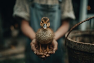 Naklejka premium Close-up of a charming duckling being gently held in a person's hands, soft focus, natural lighting, rural setting, and a rustic aesthetic.