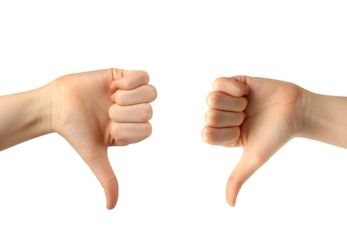 Two hands signalling thumbs up and thumbs down isolated on white background PNG