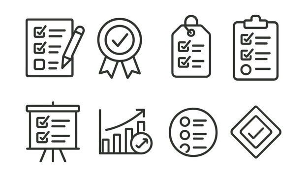 Line style icons of standardized tests: standardized test icon, assessment badge, universal exam tag, uniform exam file, testing center board, level exam chart, official test bubble, standardized