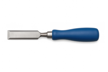Wood chisel with blue handle lying horizontally on a transparent background, ideal for woodworking and carpentry projects
