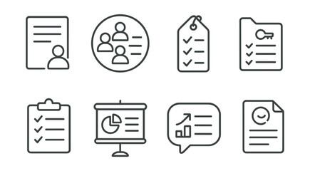 Line style icons of meeting reports: meeting notes icon, discussion points badge, action items tag, key decisions file, follow-up list board, meeting minutes chart, next steps bubble, recap symbol.