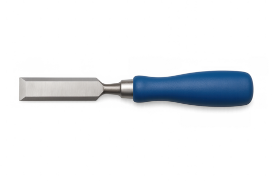 Wood chisel with blue handle lying horizontally on a transparent background, ideal for woodworking and carpentry projects