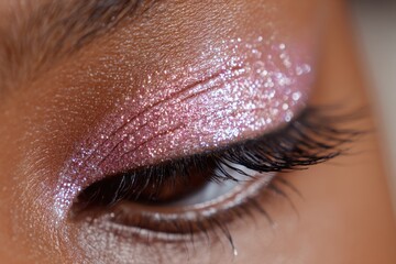 A close-up of a woman's eye with beautiful pink glitter eyeshadow and long eyelashes, creating a glamorous and eye-catching makeup look for special occasions.