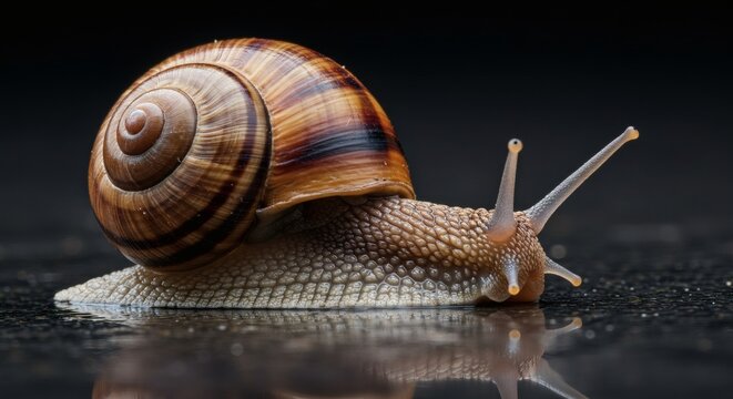 Captivating macro image of a snail showing the beauty and texture of the shell and skin, captured with stunning detail and precision. - Powered by Adobe