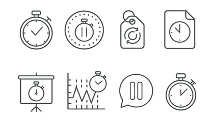 Line style icons of workout timers: exercise timer icon, rest period badge, workout cycle tag, duration tracker file, training session board, HIIT chart, workout break bubble, fitness timer symbol.