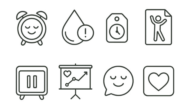 Line style icons of reminders for breaks: rest timer icon, hydration alert badge, break period tag, stretch time file, pause countdown board, health reminder chart, micro-break bubble, self-care