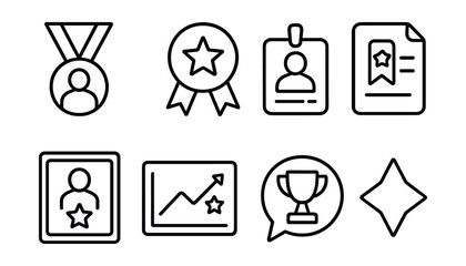 Line style icons of employee recognition medals: employee medal icon, work achievement badge, excellence in service tag, professional recognition file, employee of the month board, performance chart,