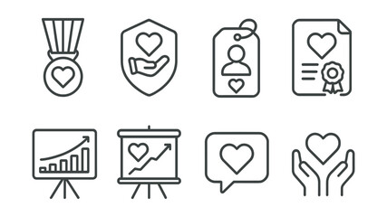 Line style icons of philanthropic medals: charity medal icon, fundraising badge, community leader tag, donation award file, social good board, philanthropic chart, giving bubble, kindness symbol.