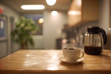 Fototapeta premium Steaming Cup of Coffee on Wooden Table, Depicting Morning Routine and Workplace Refreshment Break : Generative AI