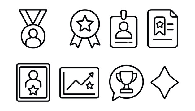 Line style icons of employee recognition medals: employee medal icon, work achievement badge, excellence in service tag, professional recognition file, employee of the month board, performance chart,