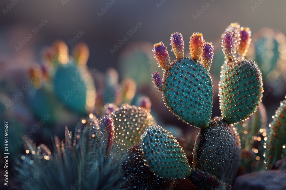 Poster close-up of prickly pear cactus covered in dew drops, symbolizing resilience and natural beauty for 