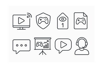Line style icons of game streaming: live stream icon, gaming broadcast badge, viewer count tag, stream setup file, live chat board, game commentary chart, streaming platform bubble, streamer’s symbol