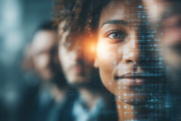 A diverse group of business professionals are standing, symbolizing innovation and a tech-savvy future, with digital overlay and vibrant lighting effects.