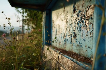 Rustic Blue Wooden Structure With Peeling Paint and Wildflowers, Representing Decay and Environmental Awareness for Conservation Projects : Generative AI