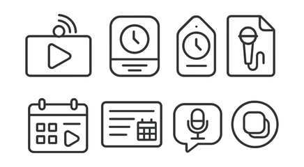 Line style icons of live events: live broadcast icon, streaming show badge, event countdown tag, live performance file, stream schedule board, event details chart, live performance bubble, event