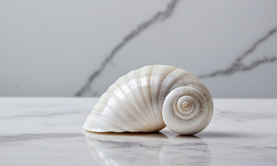 Beautiful shell resting on a luxurious marble floor and background, combining natural elements with elegant stone textures for refined lifestyle or interior design imagery