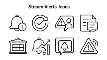 Line style icons of stream alerts: notification icon, stream update badge, viewer alert tag, pop-up message file, stream schedule board, reminder chart, on-screen alert bubble, streaming alert symbol