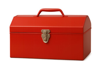 Classic red metal toolbox closed with latch, isolated on transparent background, ready for various maintenance and repair tasks