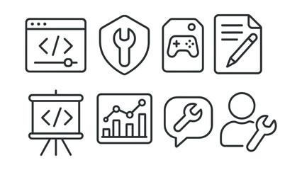 Line style icons of modding tools: editor icon, modding software badge, game mod builder tag, customization file, asset editor board, mod creator chart, toolset bubble, mod developer symbol.