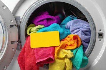 A front-loading washing machine filled with colorful towels and a yellow sign, offering a clean and vibrant laundry scene ready for a refreshing wash cycle.