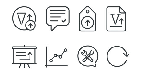 Line style icons of mod updates: mod version icon, patch notes badge, mod update tag, version upgrade file, change log board, update history chart, mod fix bubble, update symbol.