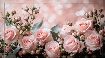 Delicate light pink roses and buds, arranged with eucalyptus leaves against a soft, blurred background