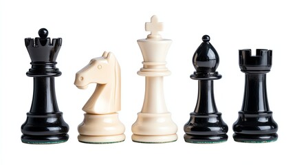 The stock photo shows a meticulously arranged set of black and white chess pieces on a clean, neutral surface.