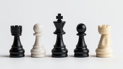 Isolated black and white chess pieces are prominently displayed against a stark background.
