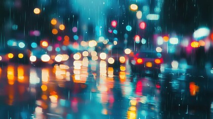 Colorful City Night Scene with Rain and Blurred Traffic Lights