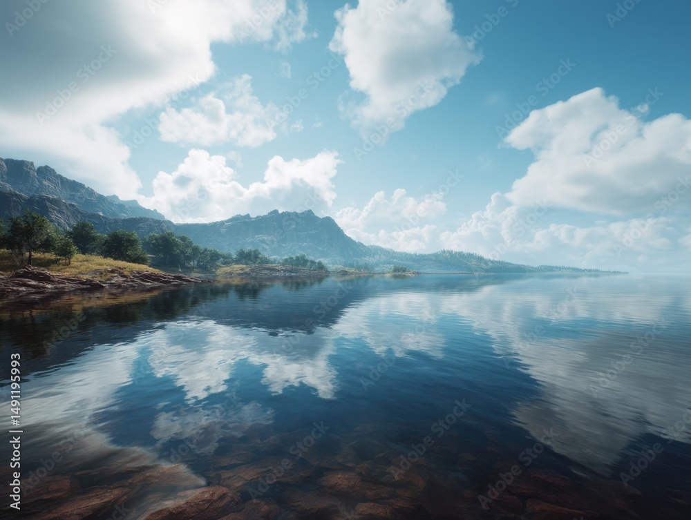 Aufkleber scenic lake reflecting mountains and sky, representing tranquility and environmental awareness for c