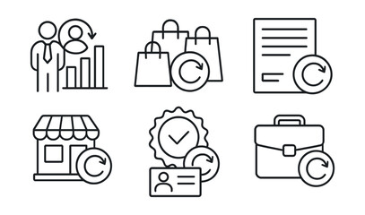 Line style icons of business cashback: B2B refund chart, bulk purchase cashback, invoice with rebate, small business reward, business card with return, client retention bonus, partnership cashback