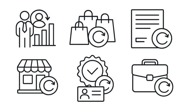 Line style icons of business cashback: B2B refund chart, bulk purchase cashback, invoice with rebate, small business reward, business card with return, client retention bonus, partnership cashback