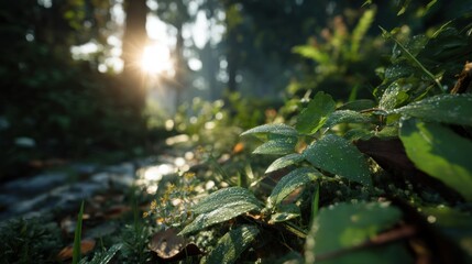 Dewy Green Leaves in Forest Sunlight, Representing Freshness and Environmental Awareness for Sustainability Campaigns : Generative AI