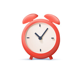 Red alarm clock 3D render vector illustration isolated on white background. Clock icon, time icon, watch symbol. Retro pointer clock modern emoji for website, banner or ad.
