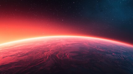 Obraz premium Breathtaking view of an exoplanet with a vibrant red atmosphere, featuring swirling clouds and a luminous horizon against a starry backdrop