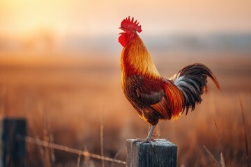 A proud rooster crows atop a wooden post against a soft, golden sunrise background, showcasing its vibrant plumage and strong presence in the rural landscape.