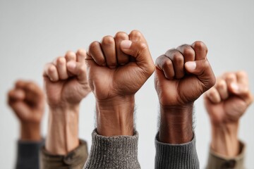 A close-up shot of a diverse group raising their fists in solidarity and empowerment, showing unity and strength for social justice and equality for everyone.