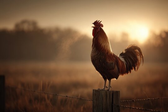A golden rooster crows at dawn, perched atop a wooden fence post with a misty rural landscape, symbolizing a new day and country life with peaceful scenery.
