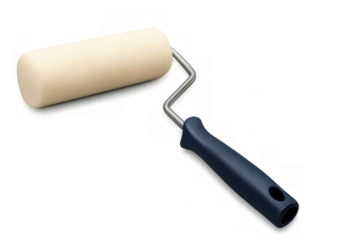 Blue-handled paint roller lying unused, prepared for home renovation work against transparent background