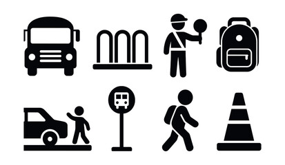 Solid style icons of school transportation: yellow school bus, bicycle rack, crossing guard, backpack icon, car drop-off, bus stop sign, walking child, traffic cone.