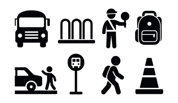 Solid style icons of school transportation: yellow school bus, bicycle rack, crossing guard, backpack icon, car drop-off, bus stop sign, walking child, traffic cone.