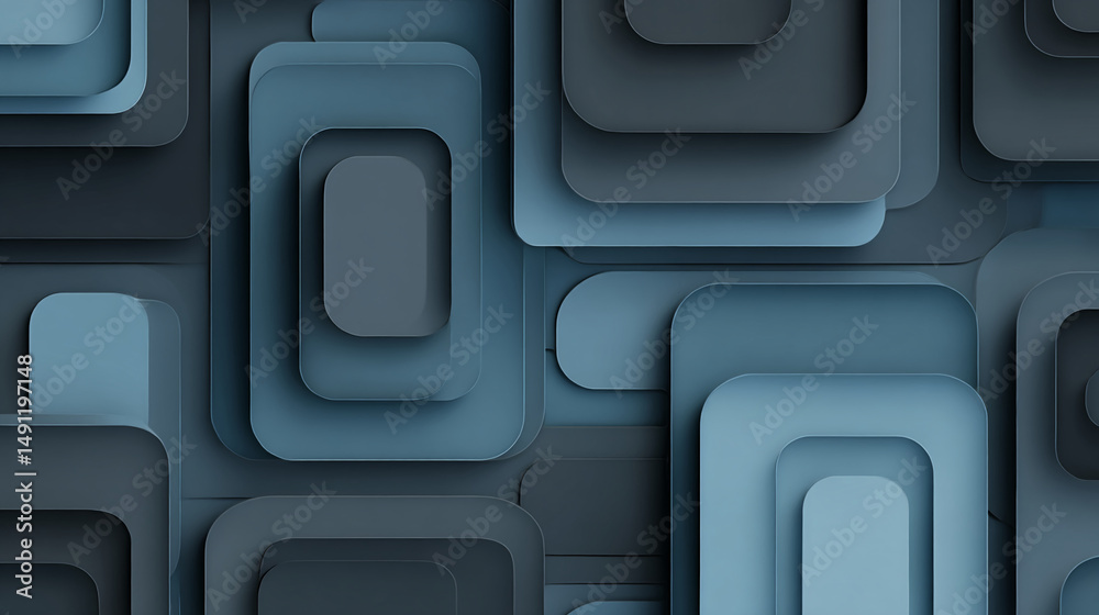 Poster Abstract image of layered, rounded rectangles in shades of blue, creating a 3D effect, showcasing depth and geometric design, ideal for modern background