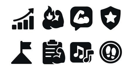 Solid style icons of fitness motivation: progress chart, workout streak icon, fitness quote bubble, challenge badge, goal milestone, workout plan, motivational playlist, daily step badge.