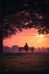 Man Sitting on Park Bench at Vibrant Sunset, Reflecting on Life and Seeking Peace and Solitude in Nature, Ideal for Mental Health Campaigns : Generative AI